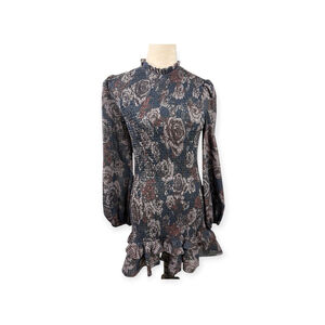 Zara Floral Print Smocked Ruffle Hem Mini Dress In Navy Blue And Brown Size Med